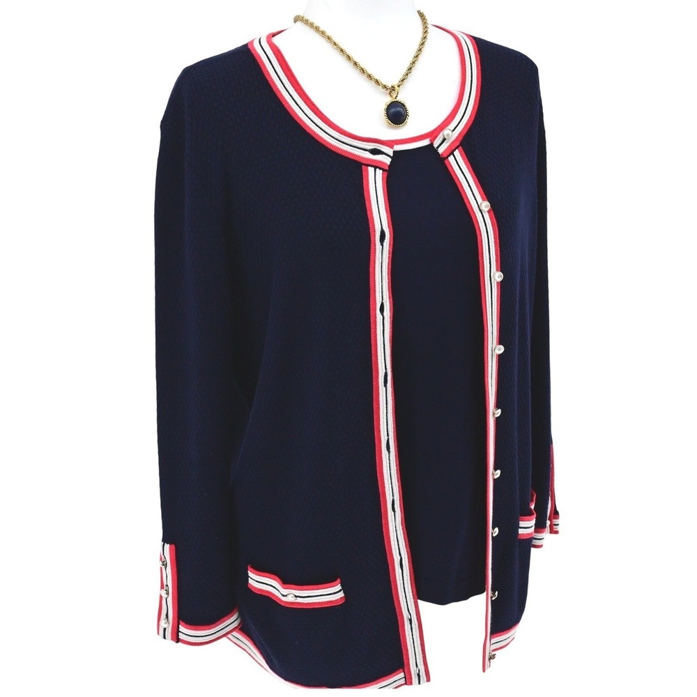 Talbots Preppy Navy Blue Red White Striped Trim Cardigan Shell Twin Set Luxe - Picture 5 of 16